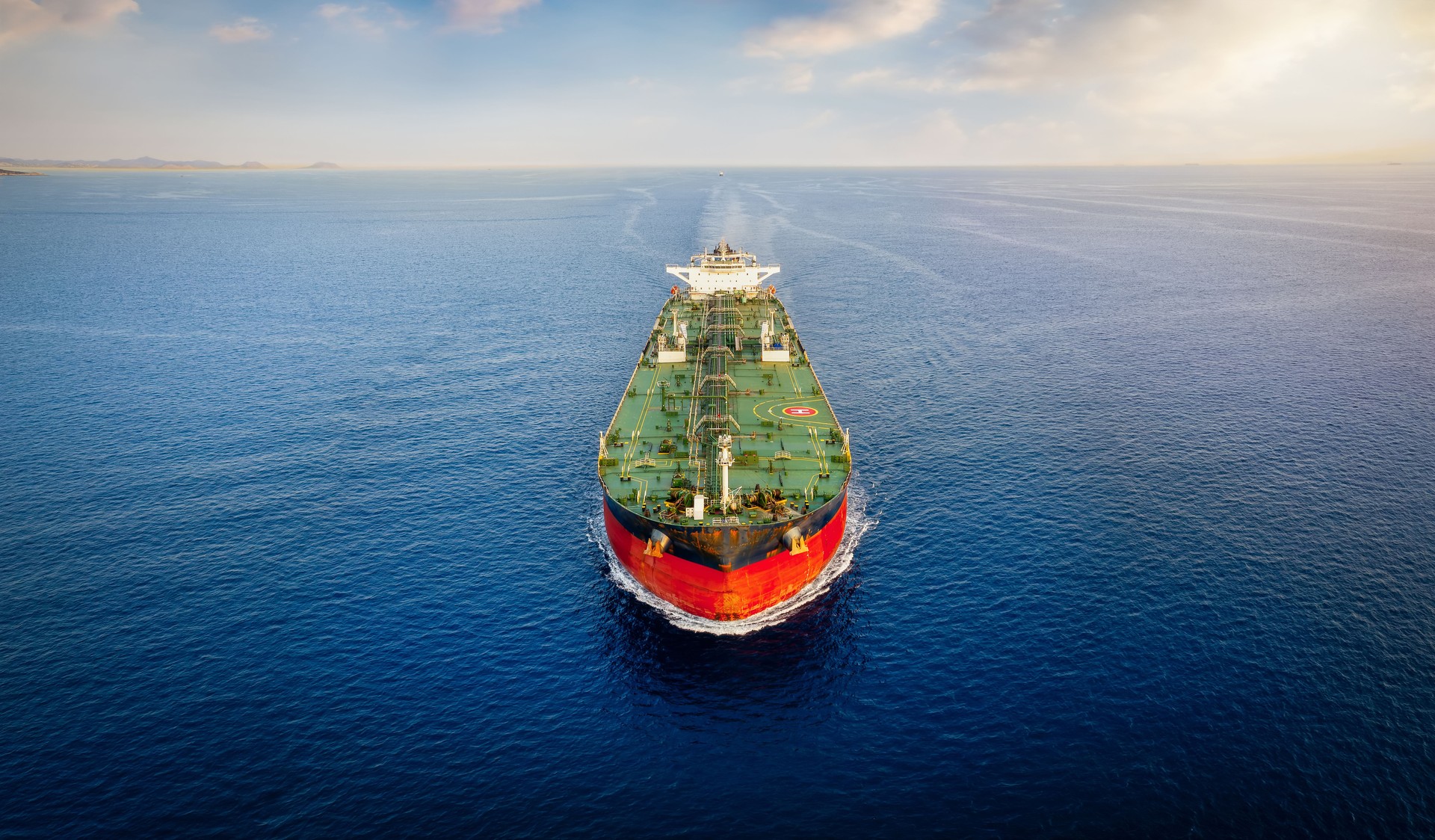 Aerial front view of a heavy crude oil tanker
